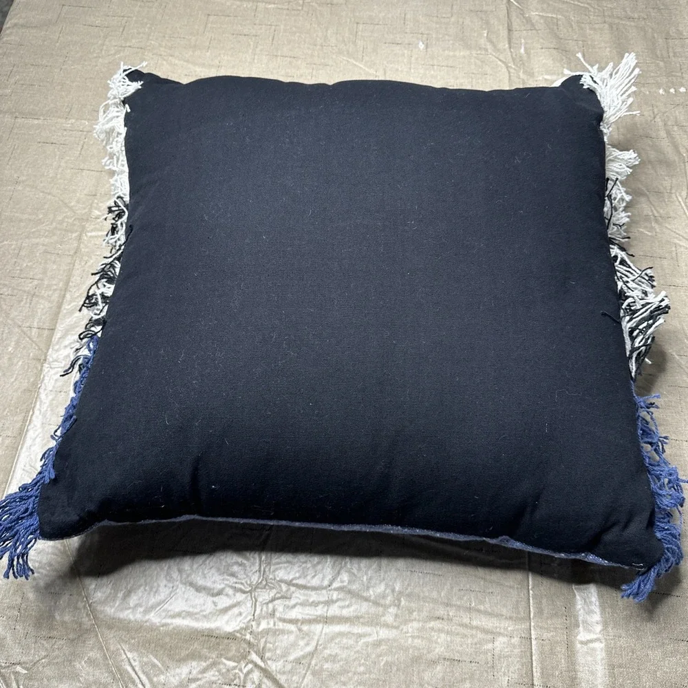 Blue Black Cream Striped Fringe Throw Pillow 20